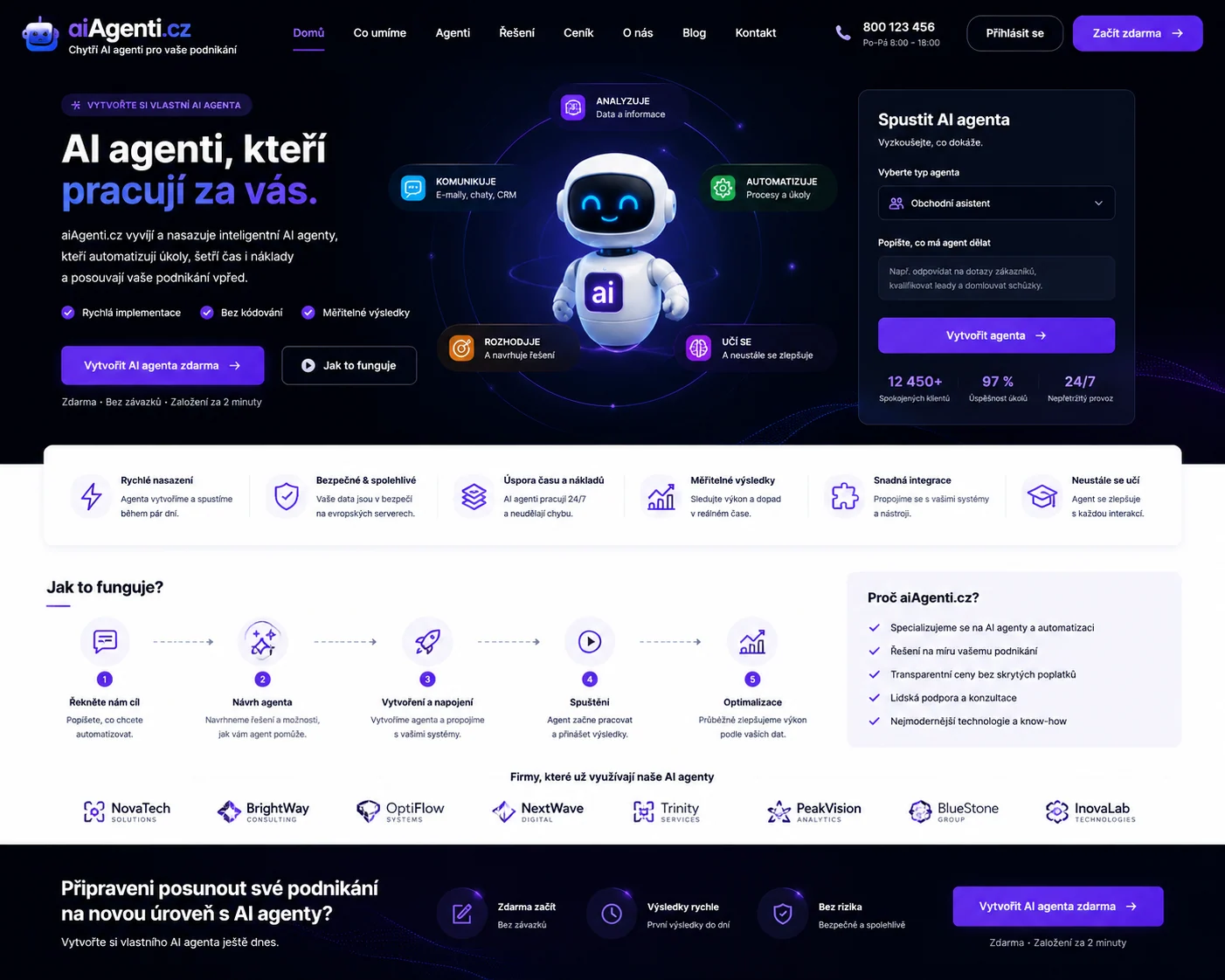 Ilustrační návrh služby AIagenti.cz pro tvorbu a nasazení AI agentů ve firmách